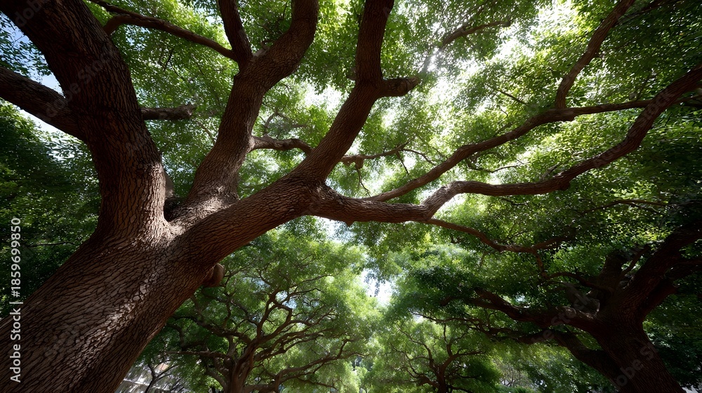 Fototapeta premium Looking up through a dense green tree canopy with sunlight filtering through branches