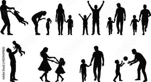 Collection of Happy Family Silhouettes Featuring Parents and Children Playing Dancing Walking and Bonding Together in Various Active Outdoor Lifestyle Poses