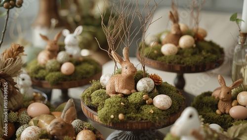 Decorative Spring Arrangements With Bunnies and Eggs on Wooden Displays in Br...