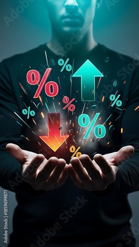 A man holds glowing percentage signs and arrows in his cupped hands symbolizing financial growth and market fluctuations