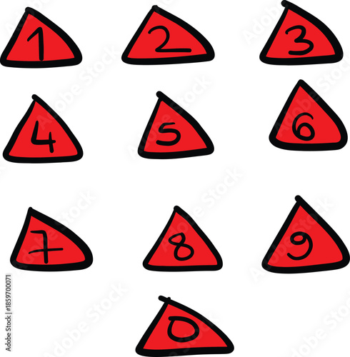 Hand-drawn red triangle set with black outlines, numbered 1-10, ideal for educational materials, games, and playful graphic design. isolated on transparent background