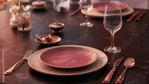 Set Table With Plates and Glasses in a Modern Dining Space at Sunset