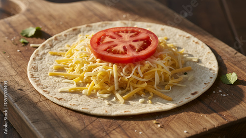 Loaded taco on wooden board — colorful toppings, street-food vibe

