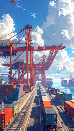 Vibrant anime style cargo port vista with red gantry cranes, containers, and trains under a bright sky
