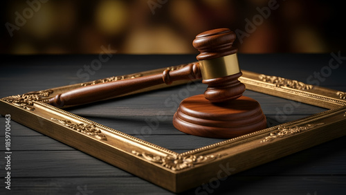 Judicial gavel with ornate frame — courtroom symbolism, legal decision concept

