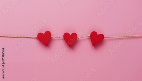 Hearts Hanging on a Rope Against a Pink Background for Decoration