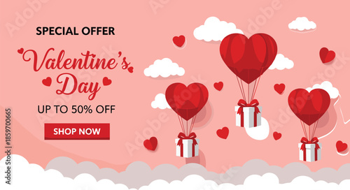 Valentine's Day special offer sale banner with heart shaped hot air balloons carrying gift boxes over clouds on pink background.