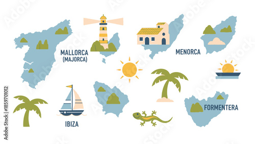 Title: Colorful illustrated map of the Balearic Islands with representing each island's unique