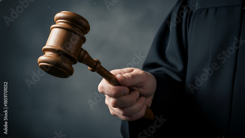 Steady Gavel in a Judge’s Hand — Symbol of Justice, Law, and Courtroom Authority

