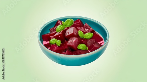 A vibrant teal bowl filled with fresh, diced beetroot salad, generously garnished with bright green basil leaves, creating an inviting and healthy vegetarian dish presented on a soft green background.