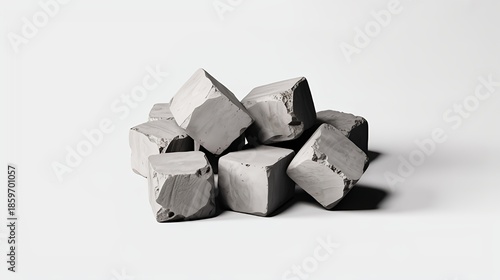 A neatly arranged pile of rough, grey, irregularly shaped concrete blocks, exhibiting natural textures and shadows, creating a minimalist and industrial composition on a clean white background.
