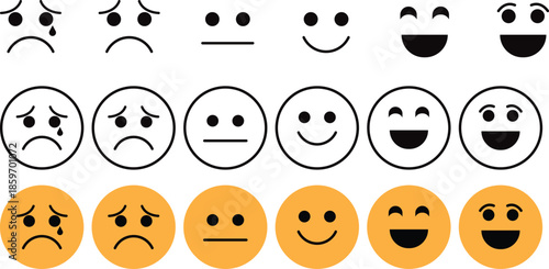 Minimal Emoji Face Expression Icon Set Showing Sad Neutral and Happy Emotions