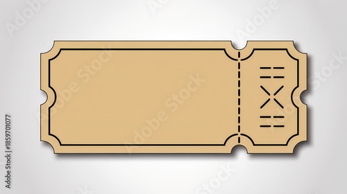 A simple, elegant blank brown ticket with classic perforations and a decorative border, suggesting entry or admission, presented against a soft grey gradient background with a subtle shadow.