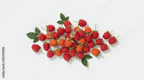 Fresh Raspberries in Vibrant Red and Orange Hues on White Background with Green Leaves for Healthy Snacking