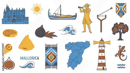 Title: Colorful of Mallorca featuring a castle, boat, lighthouse, and local symbols on a white