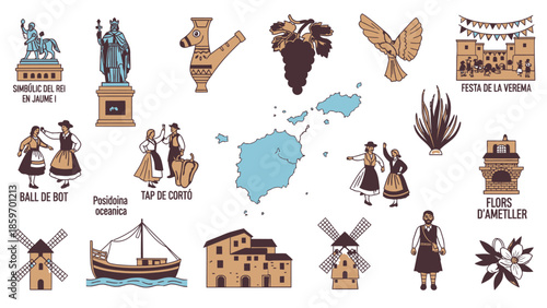 Title: Illustrated representing various cultural and traditional from the Balearic Islands with a
