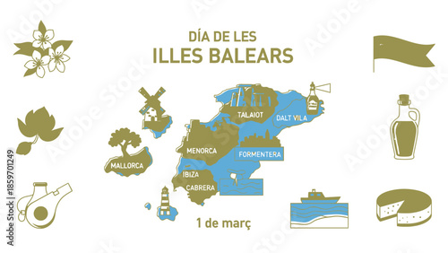 Title: Map of the Balearic Islands with cultural symbols and representing the region's heritage