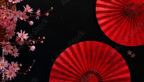 Red Fans and Cherry Blossoms in Traditional Japanese Setting With Dark Backgr...