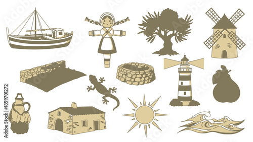 Title: Monochrome of various related to travel and tourism including a boat, lighthouse