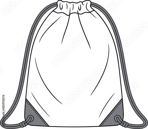 Black and white drawstring backpack vector illustration, minimalist gym sack bag outline icon isolated on white background design style template
