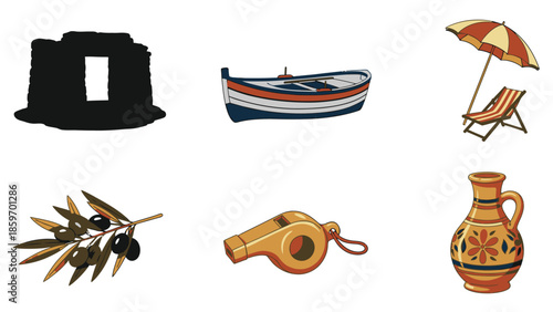 Title: of Balearic Islands symbols including boat, beach chair, and pottery