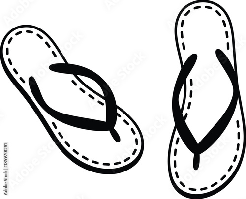 Black and white flip flops sandals vector illustration with clean outline style, summer beach footwear icon isolated on white background