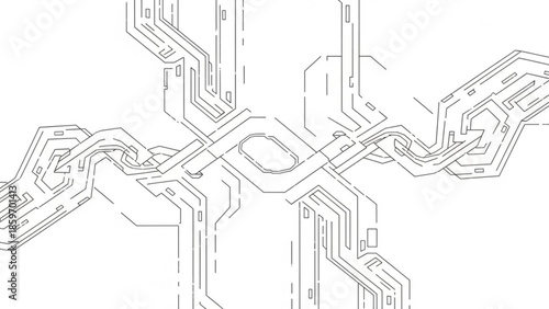 Intricate digital network illustration depicting complex interconnected pathways and data flow in a sophisticated abstract technological system design