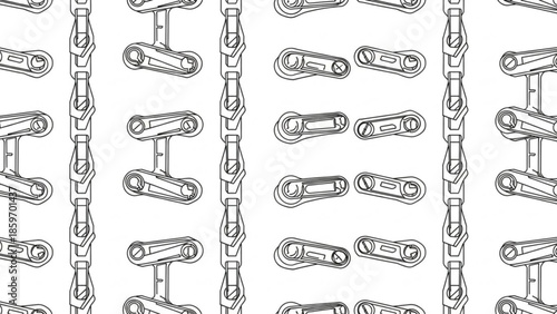 Seamless pattern of industrial roller chains on a white background, a detailed illustration