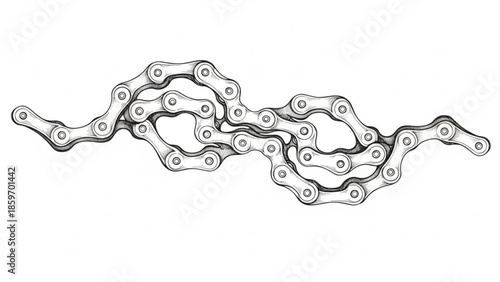 Detailed grayscale illustration of a winding bicycle chain, intricately crafted to represent the fluidity of mechanical connection and the power of continuous motion