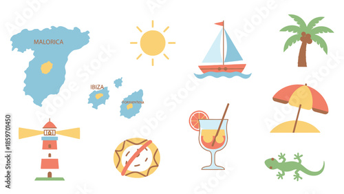 Title: of travel and tourism from the Balearic Islands including a map, sun, sailboat, palm tree