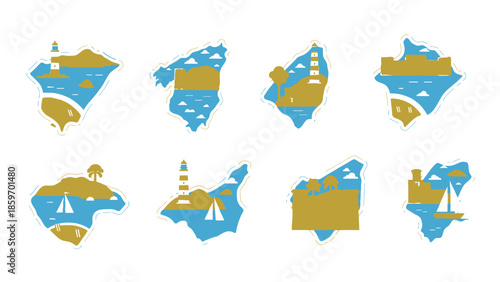 Title: of various maps of the Balearic Islands with different symbols and landmarks