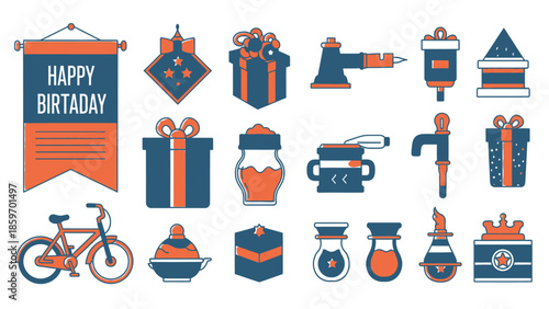Title: Set of birthday-themed including gifts, tools, bicycle, and festive in orange and blue
