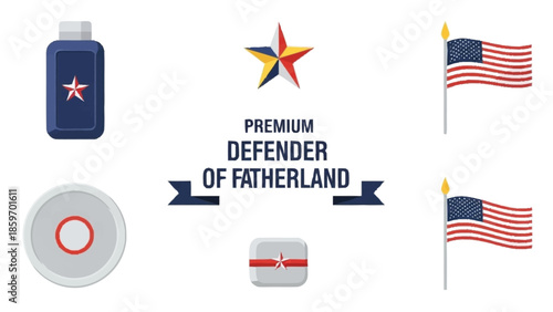 Badges medals and flags with defender of fatherland text star ribbon