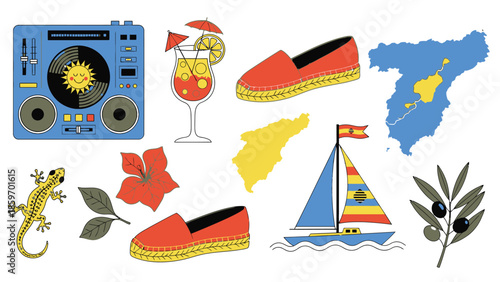 Colorful of and symbols related to Spain sailboat gecko