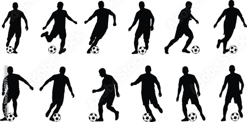 Black silhouette set of soccer players in action kicking balls and dribbling isolated on white background for sports competition design.