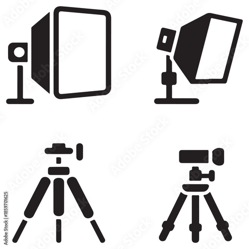 Studio Equipment Icon Set Featuring Softbox Lights and Tripod Camera Silhouettes