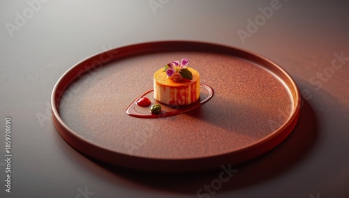 Delicate Dessert Sits on a Round Plate With Colorful Sauce and Garnish in a W...