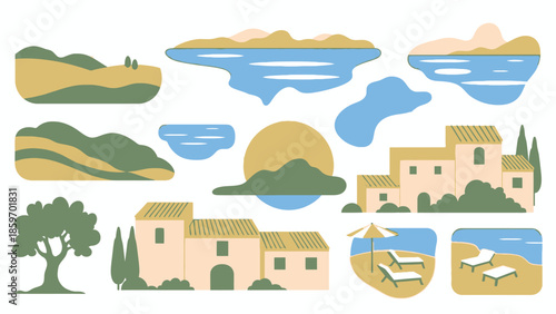 Title: A collection of Mediterranean coastal and landscape including beaches, houses, trees, and