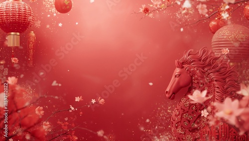 Celebration of Chinese New Year With Decorative Designs and a Horse Statue in...
