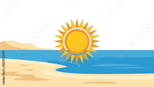 Title: A sunny beach scene with a bright sun, sandy shore, and blue sea representing a tropical