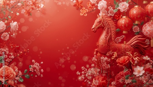 Celebration of Chinese New Year With Decorative Designs and a Horse Statue in...