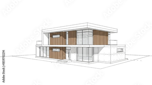 Modern two-story residential house with wood paneling and large windows