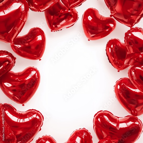 Red Heart Balloons Surround a Blank Space for a Message or Photo on a White B...