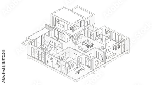 Detailed isometric wireframe architectural drawing of a modern residential building floor plan layout