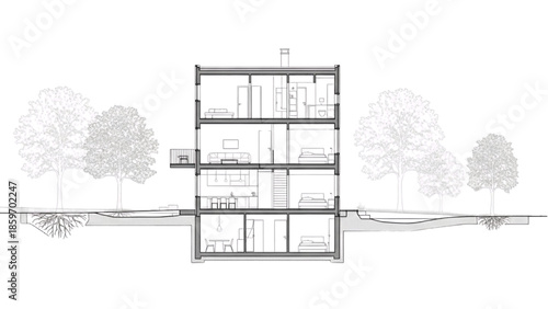 Architectural cross-section of a modern multi-story residential building