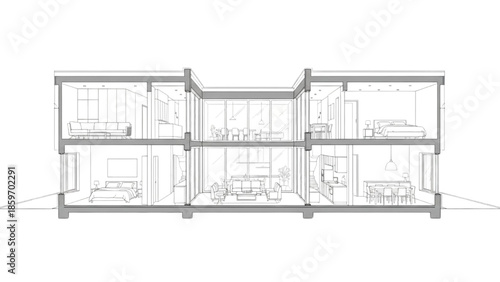 Architectural cross-section drawing of a modern house with living spaces and bedrooms