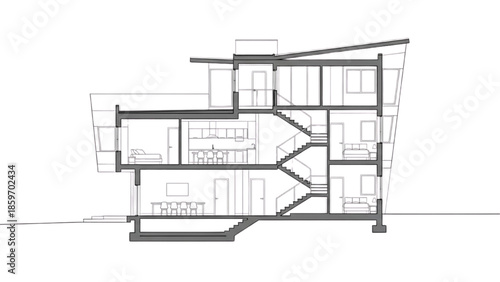 Architectural Section Drawing of a Modern Multi-Story Building with Interior Details