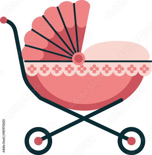 Pink baby stroller pram illustration isolated on white background, cute newborn carriage pushchair icon, parenting childcare concept, flat cartoon vector design