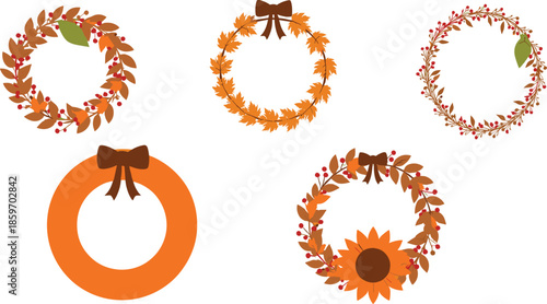 Autumn and fall wreath vector set featuring foliage berries sunflowers and decorative bows isolated on white background.