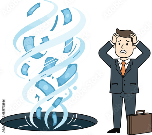 Financial Whirlpool: An illustration captures the moment of financial struggle, a businessman is in a panic by money spiraling into an abyss, and capturing the fear of monetary loss.